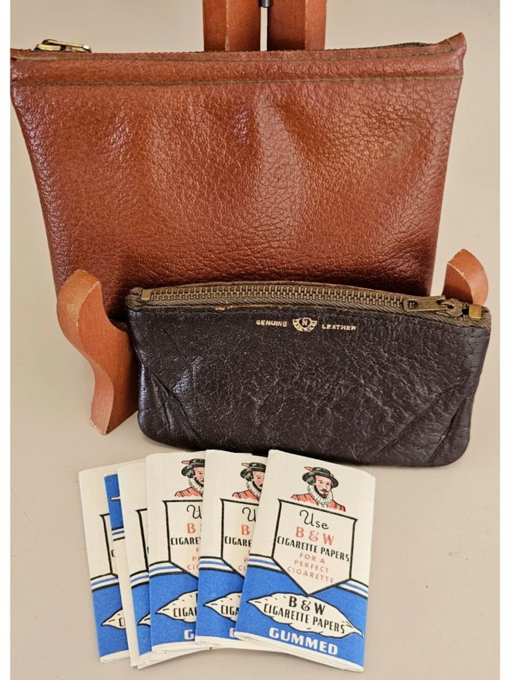 Vintage Leather Tobacco Pouch Set + B&W Papers, 1940s Brown Zip WWII